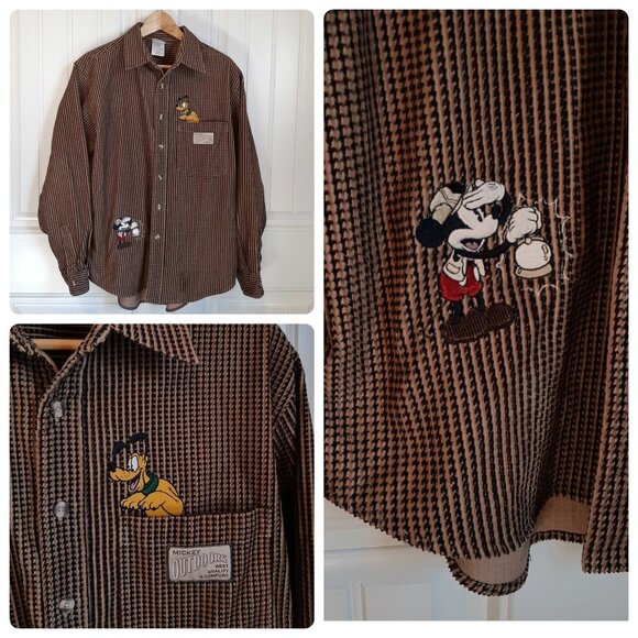 VTG The Disney Store Brown Corduroy Pluto and Mickey Pocket Button Down Shirt - Picture 1 of 10